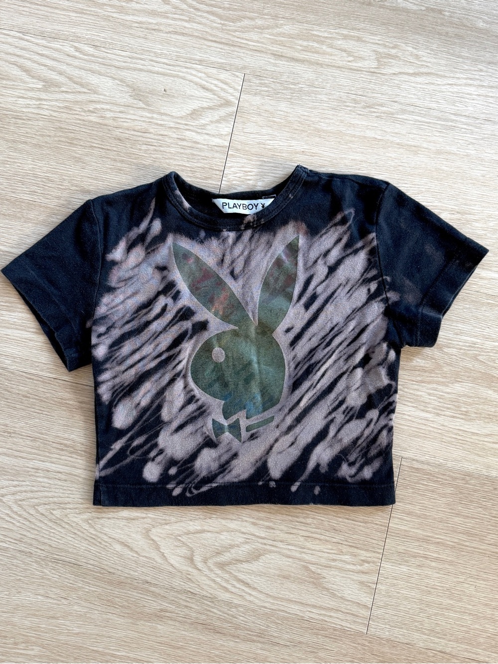 Playboy Bunny Baby Tee Crop Top Black Bleached Iridescent Short Sleeve no size